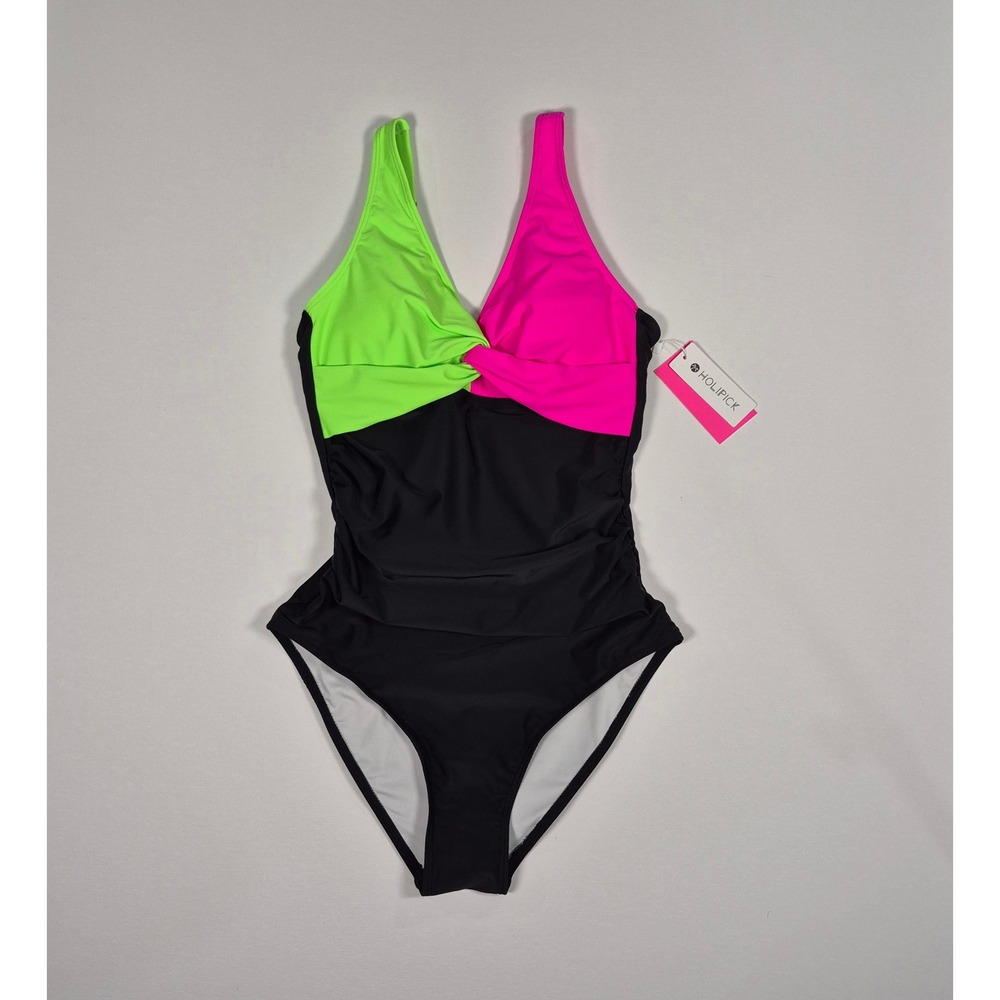 NWT Holipick One Piece Swimsuit Tummy Control Full Coverage Black Pink Green